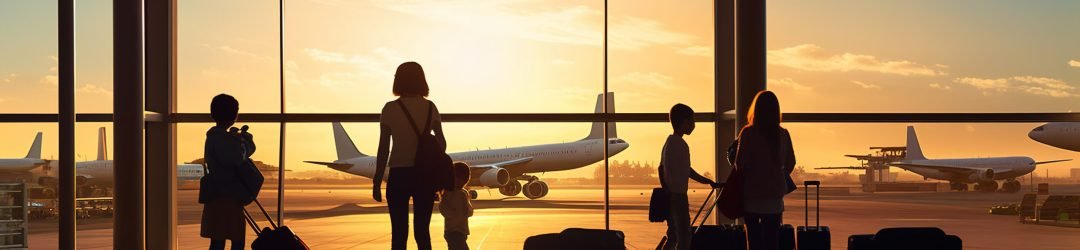 Sihouette of young family at airport terminal boarding gate looking at airplane flying.Generative Ai
