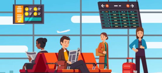 Smiling people sitting and standing in airport arrival waiting room or departure lounge with chairs and information panels. Terminal hall with big airport window. Flat vector illustration